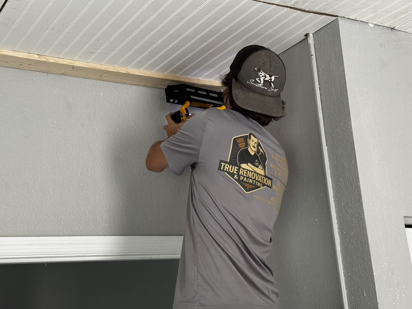 Beadboard Ceiling & Trim Upgrade — In progress — trim installation
